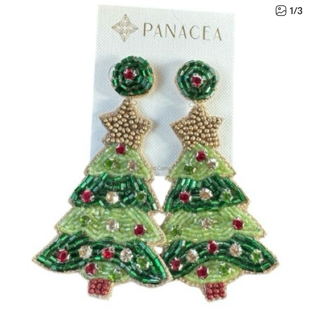 Panacea Cache Green and Gold Christmas Tree Earrings